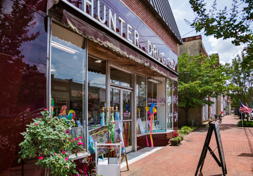 Historic Hunter Drug Company facade houses Friends Two craft and gift store