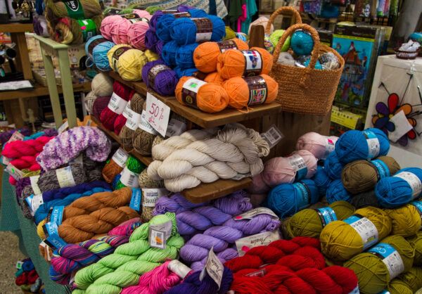 Display of yarns for sale at craft and gift store in downtown Warrenton