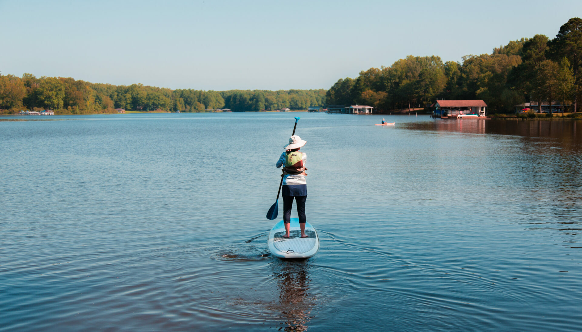 person on standup paddle board in Kerr Lake