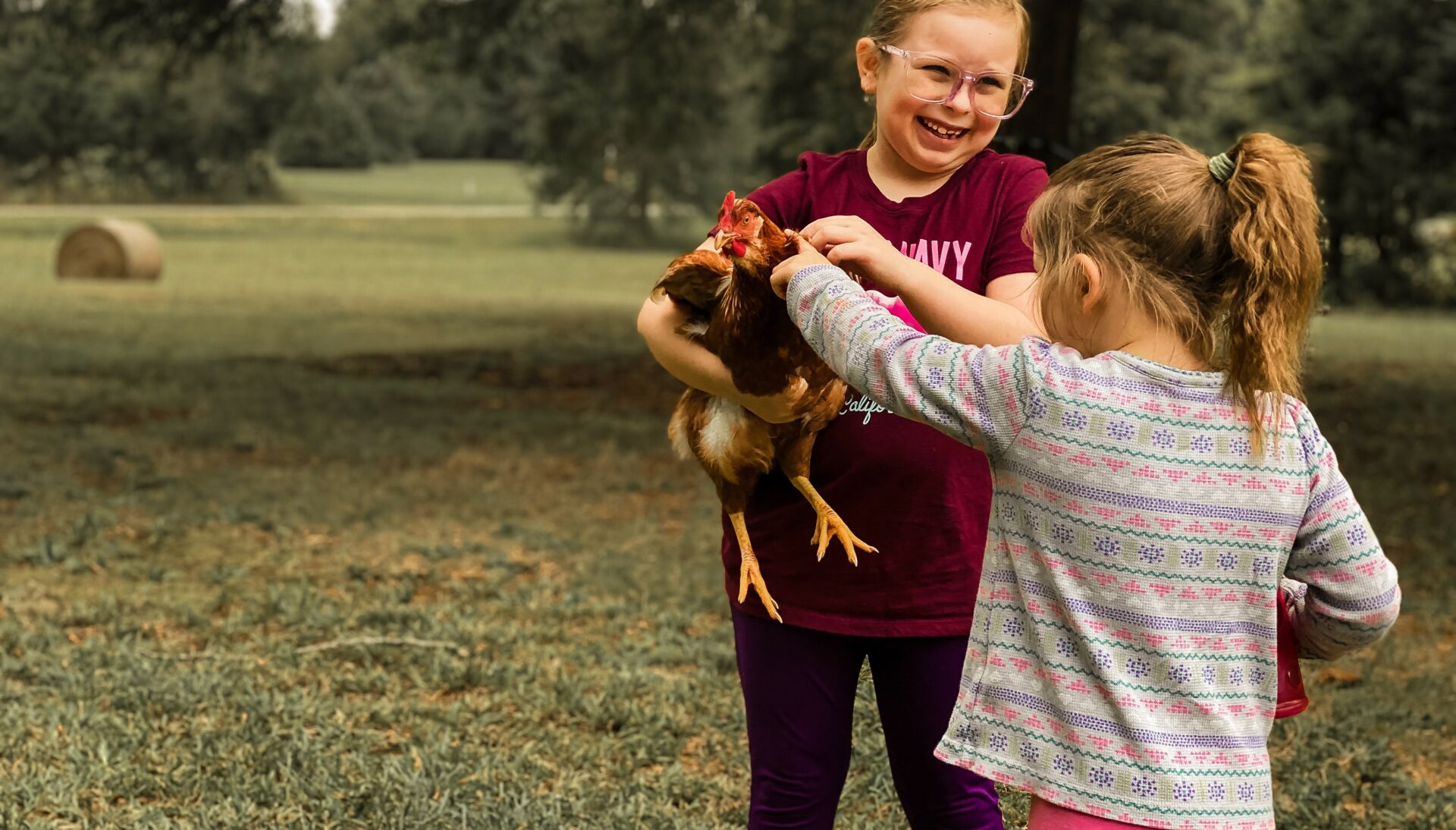little girls holding chicken on warren county farm